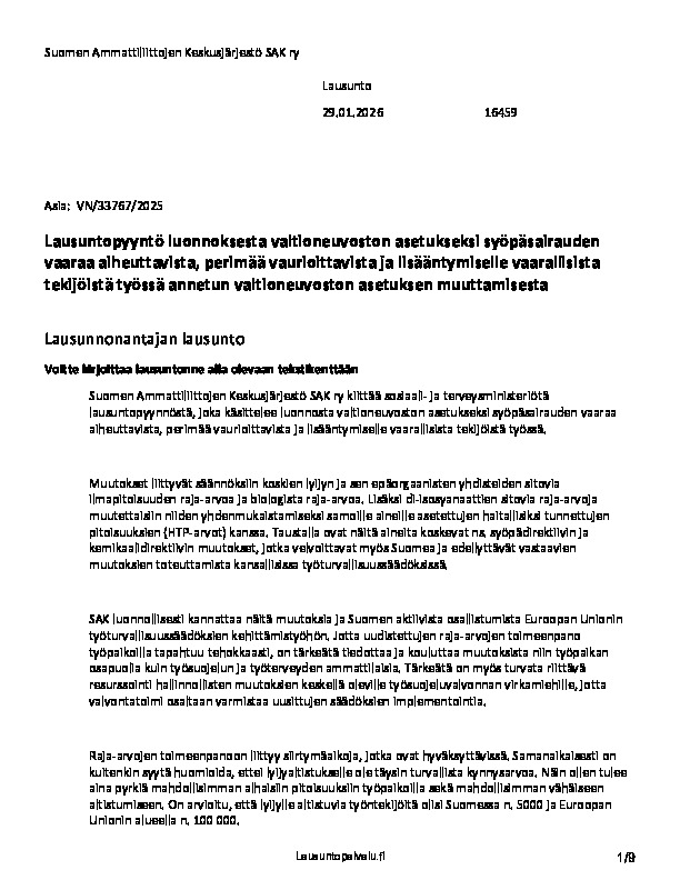 Teollisuusliiton lausunto luonnoksesta syöpäsairauden vaaraa aiheuttavista, perimää vaurioittavista ja lisääntymiselle vaarallisista tekijöistä (VN/33767/2025)